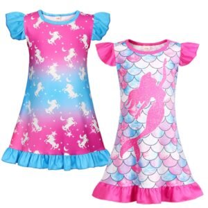 Jurebecia 2 Pcs Summer Girl Unicorns Nightgown Mermaids Cartoon Pajamas Dress for Kids Teenager Night Dress Baby Nightdress Cute Children Clothing 3-4 Years 110 CM