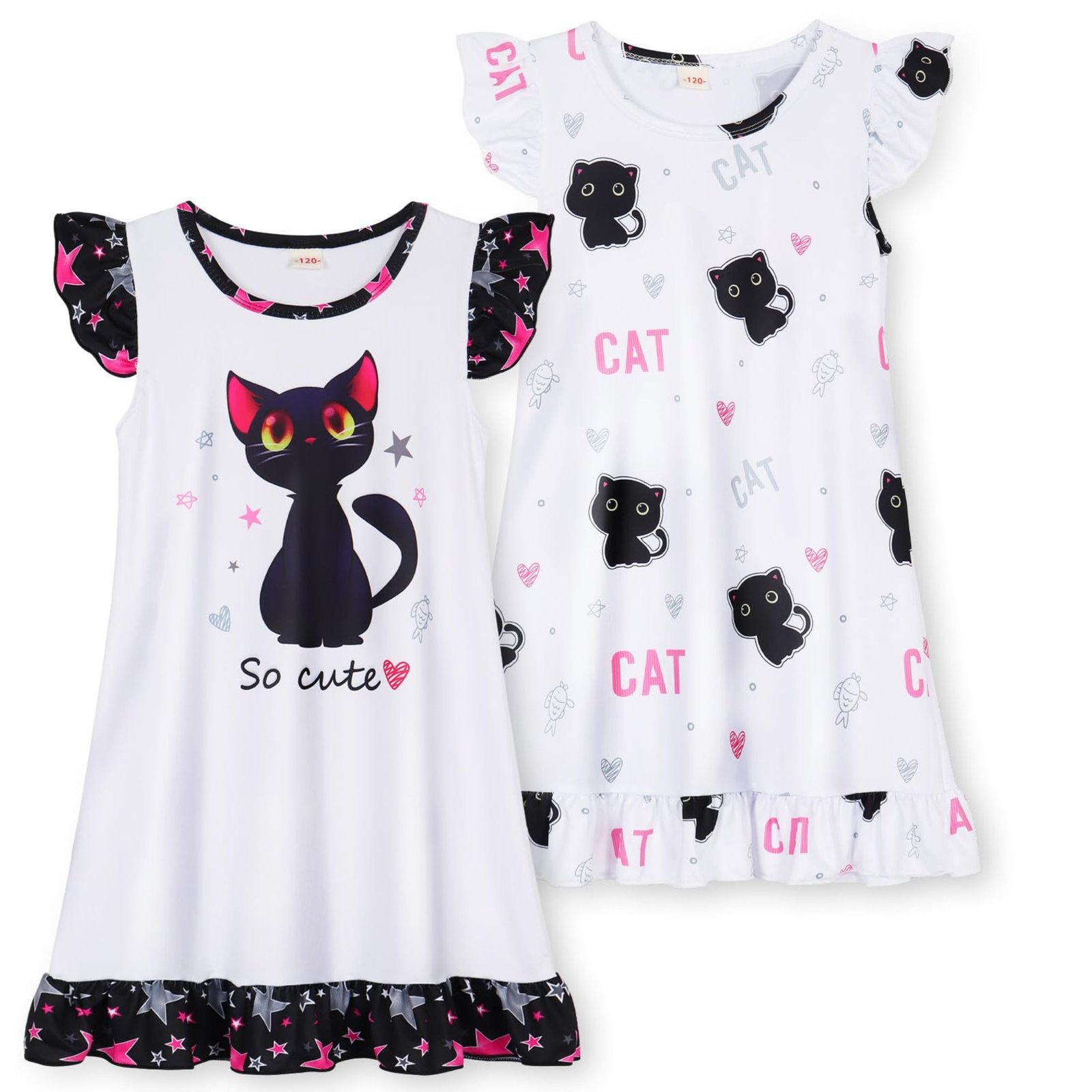 Jurebecia 2Pcs Girls Nightgowns cats Pajamas Toddler Nightgown Sleepwear Flutter Short Sleeves Night Gowns for Kids 3-4 Years 110 CM