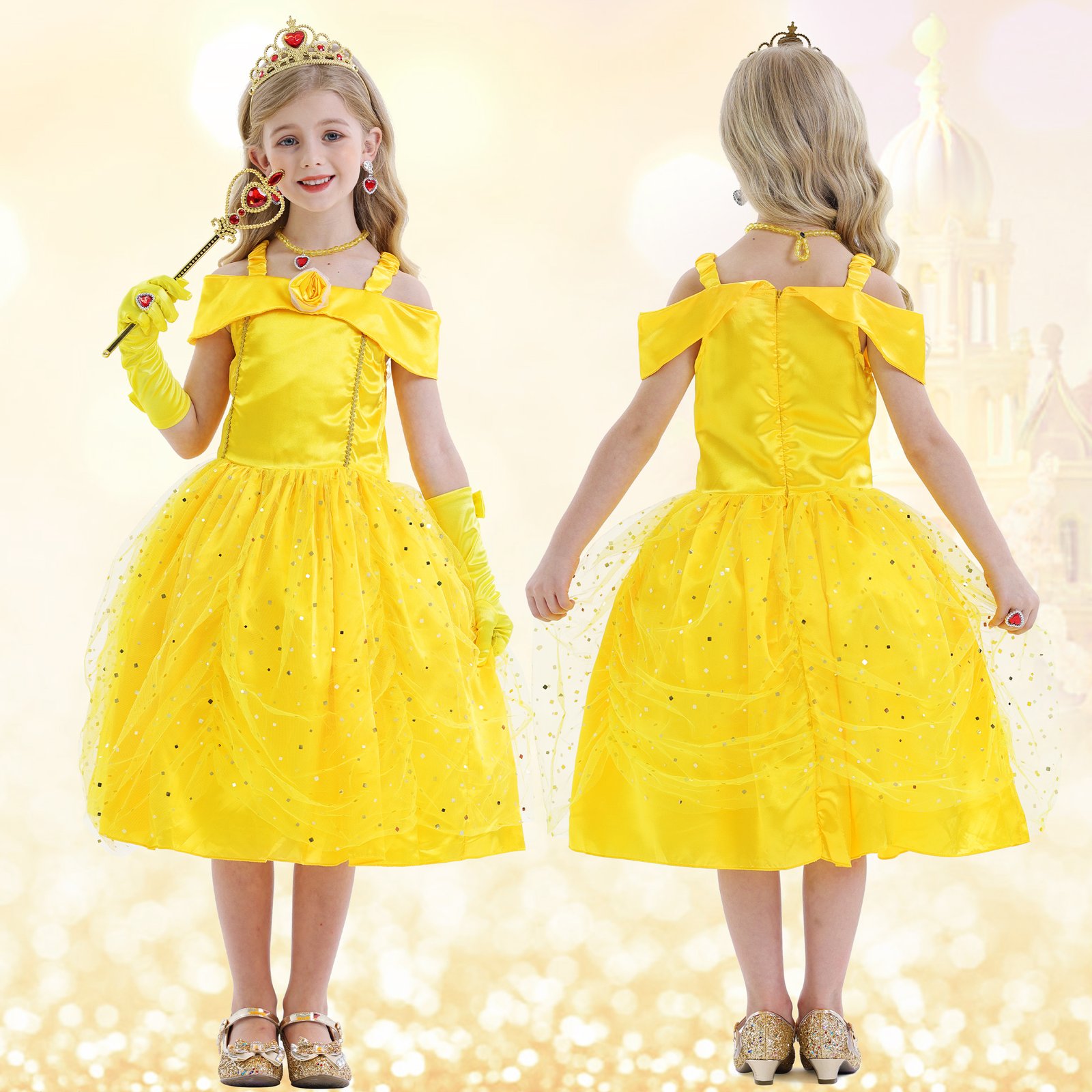 Jurebecia Princess Dresses for Girls Halloween Costume Layered Off Shoulder Cosplay Birthday Outfit Yellow Kids Birthday Holiday Theme Party Clothes - 图片 4