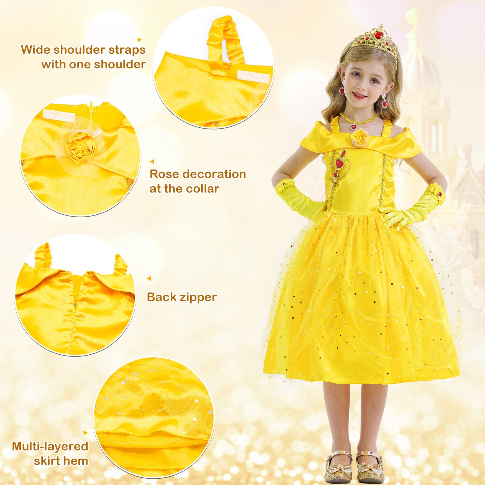 Jurebecia Princess Dresses for Girls Halloween Costume Layered Off Shoulder Cosplay Birthday Outfit Yellow Kids Birthday Holiday Theme Party Clothes - 图片 5