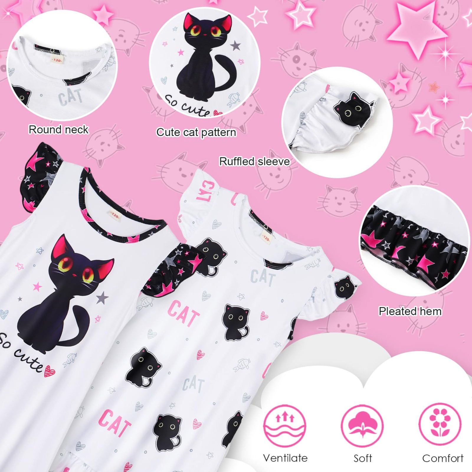 Jurebecia 2Pcs Girls Nightgowns cats Pajamas Toddler Nightgown Sleepwear Flutter Short Sleeves Night Gowns for Kids 3-4 Years 110 CM - 图片 4