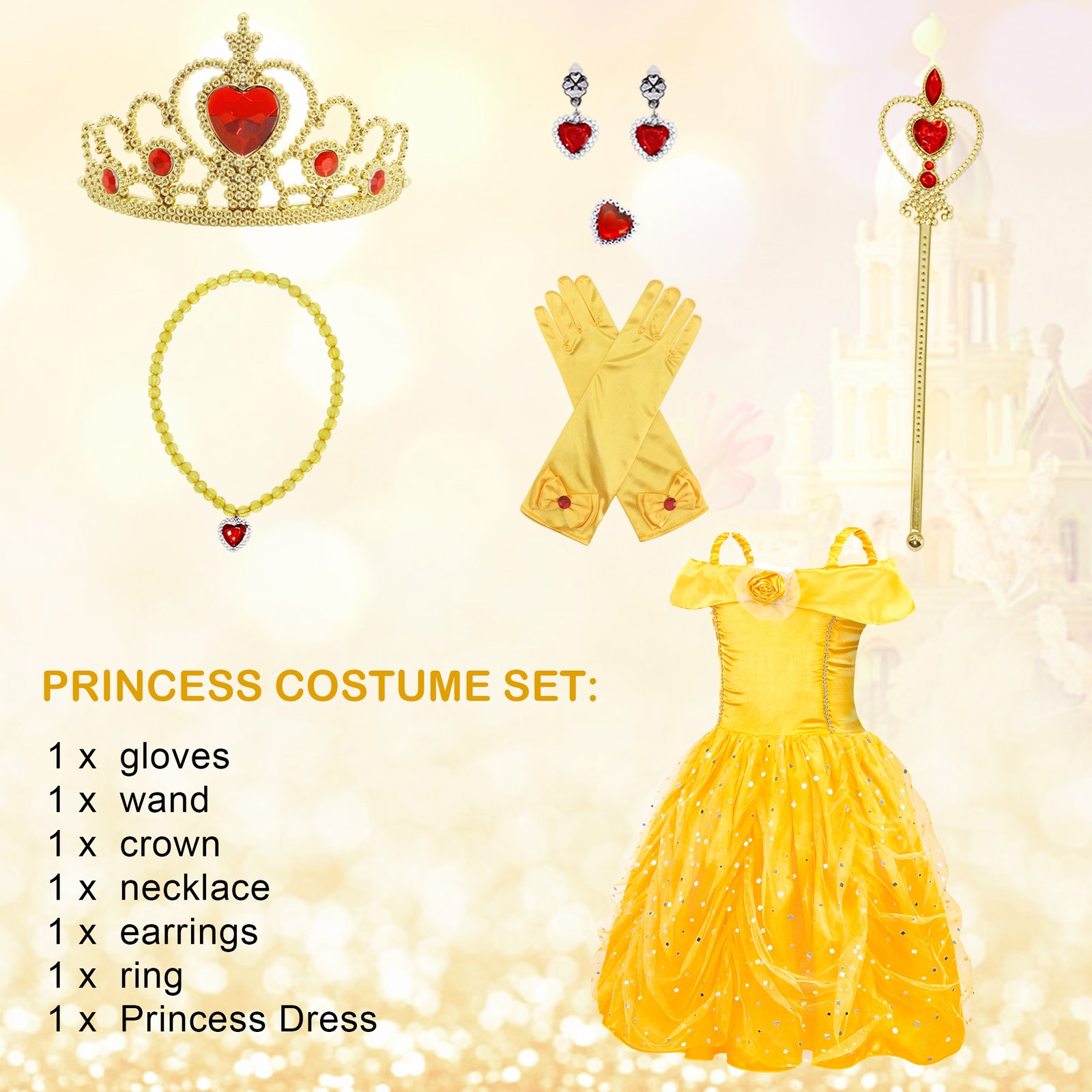 Jurebecia Princess Dresses for Girls Halloween Costume Layered Off Shoulder Cosplay Birthday Outfit Yellow Kids Birthday Holiday Theme Party Clothes - 图片 8