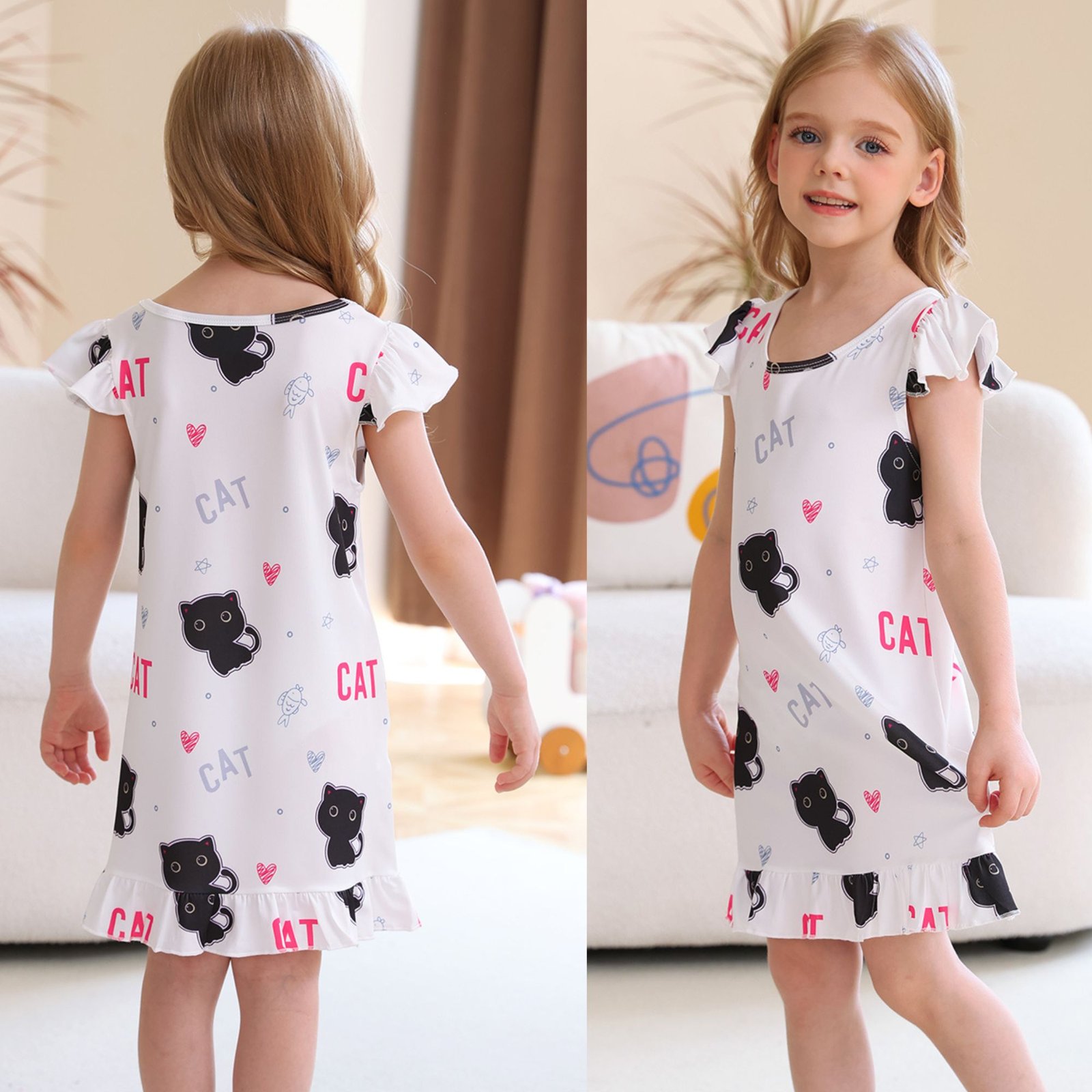 Jurebecia 2Pcs Girls Nightgowns cats Pajamas Toddler Nightgown Sleepwear Flutter Short Sleeves Night Gowns for Kids 3-4 Years 110 CM - 图片 10