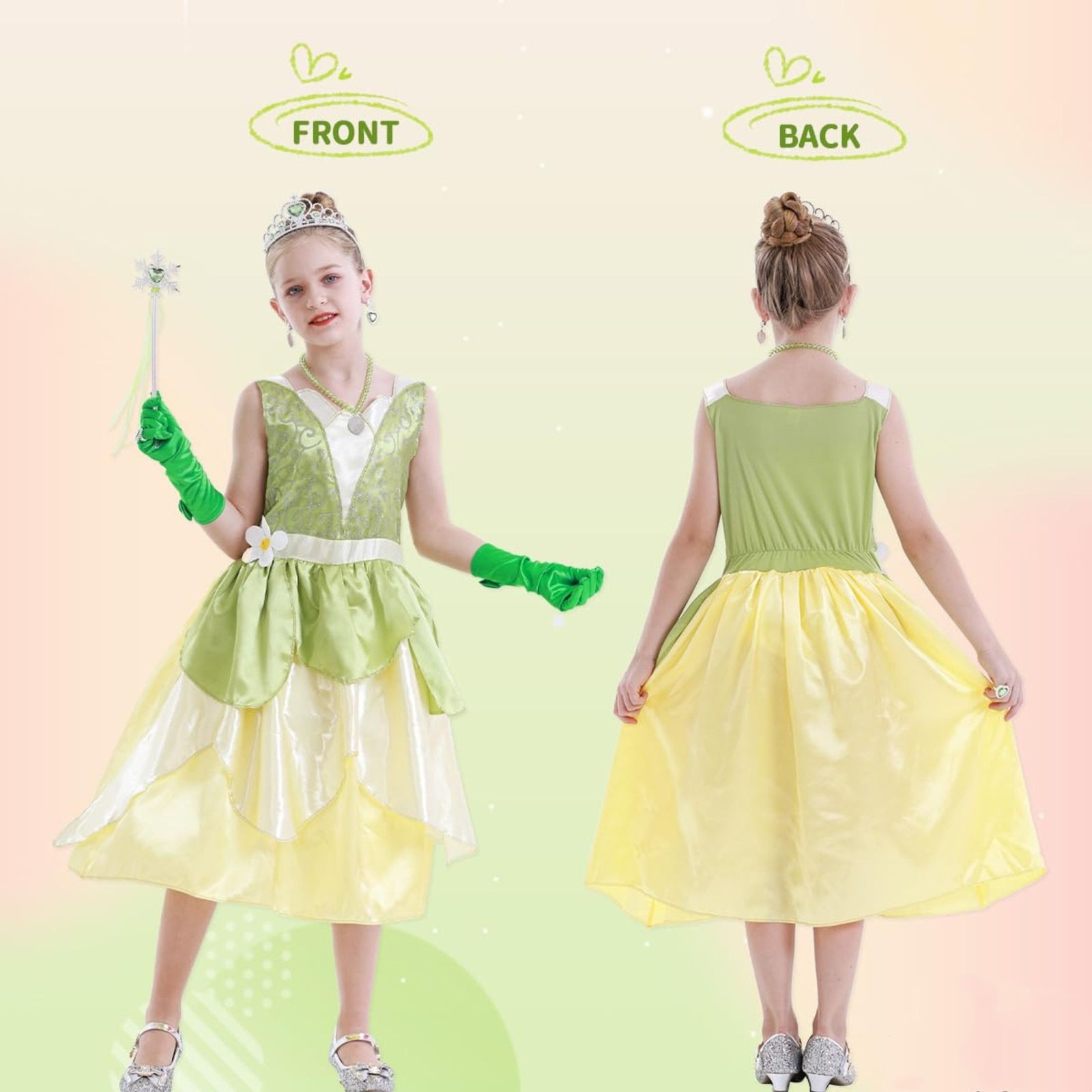 Jolikley Tiana Dress for Girls Fairy Frog Princess Costume for Kids Birthday Party Dresses up Halloween Outfits Green - 图片 7