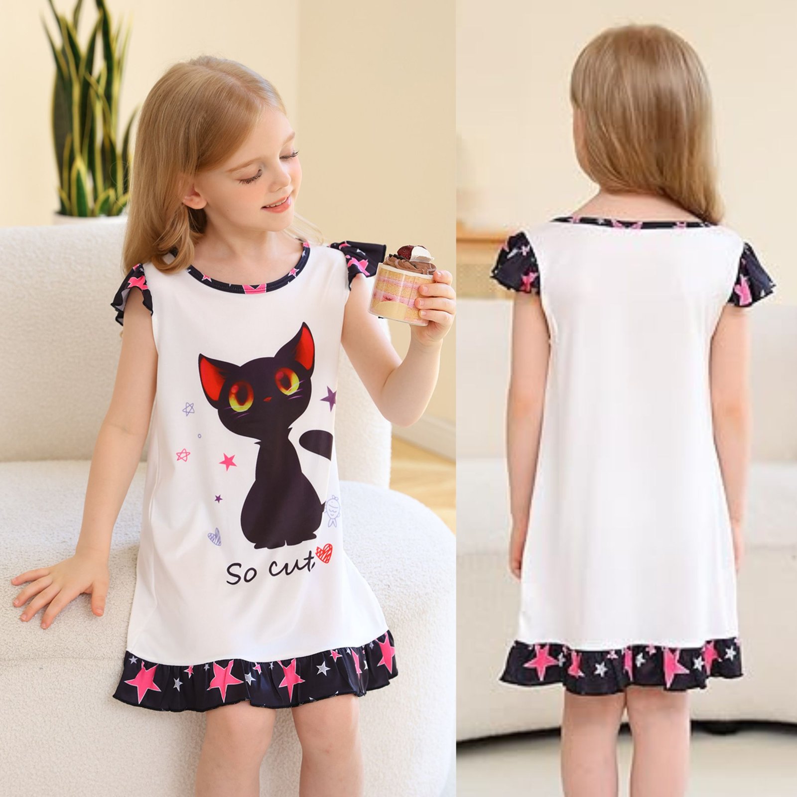 Jurebecia 2Pcs Girls Nightgowns cats Pajamas Toddler Nightgown Sleepwear Flutter Short Sleeves Night Gowns for Kids 3-4 Years 110 CM - 图片 6