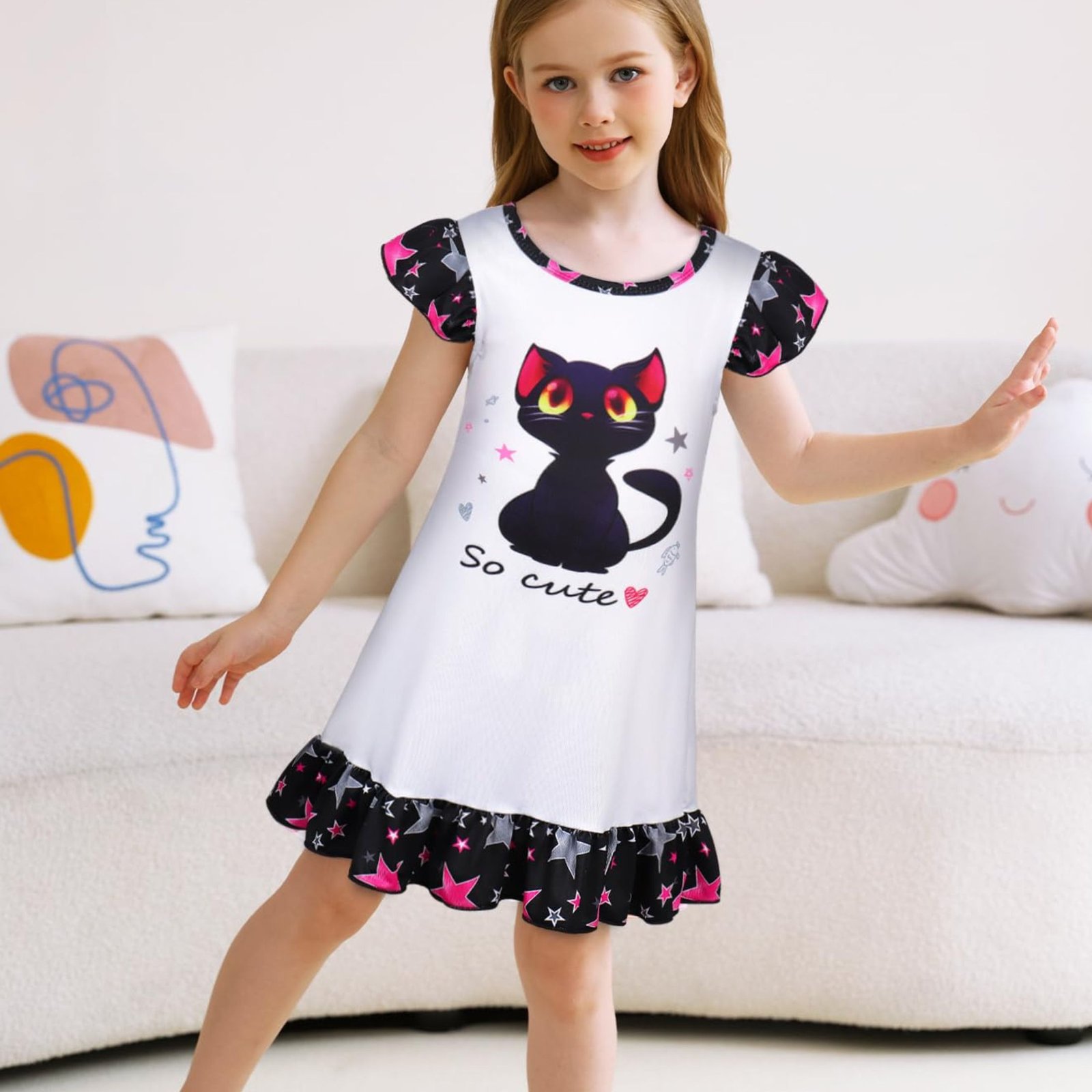 Jurebecia 2Pcs Girls Nightgowns cats Pajamas Toddler Nightgown Sleepwear Flutter Short Sleeves Night Gowns for Kids 3-4 Years 110 CM - 图片 8