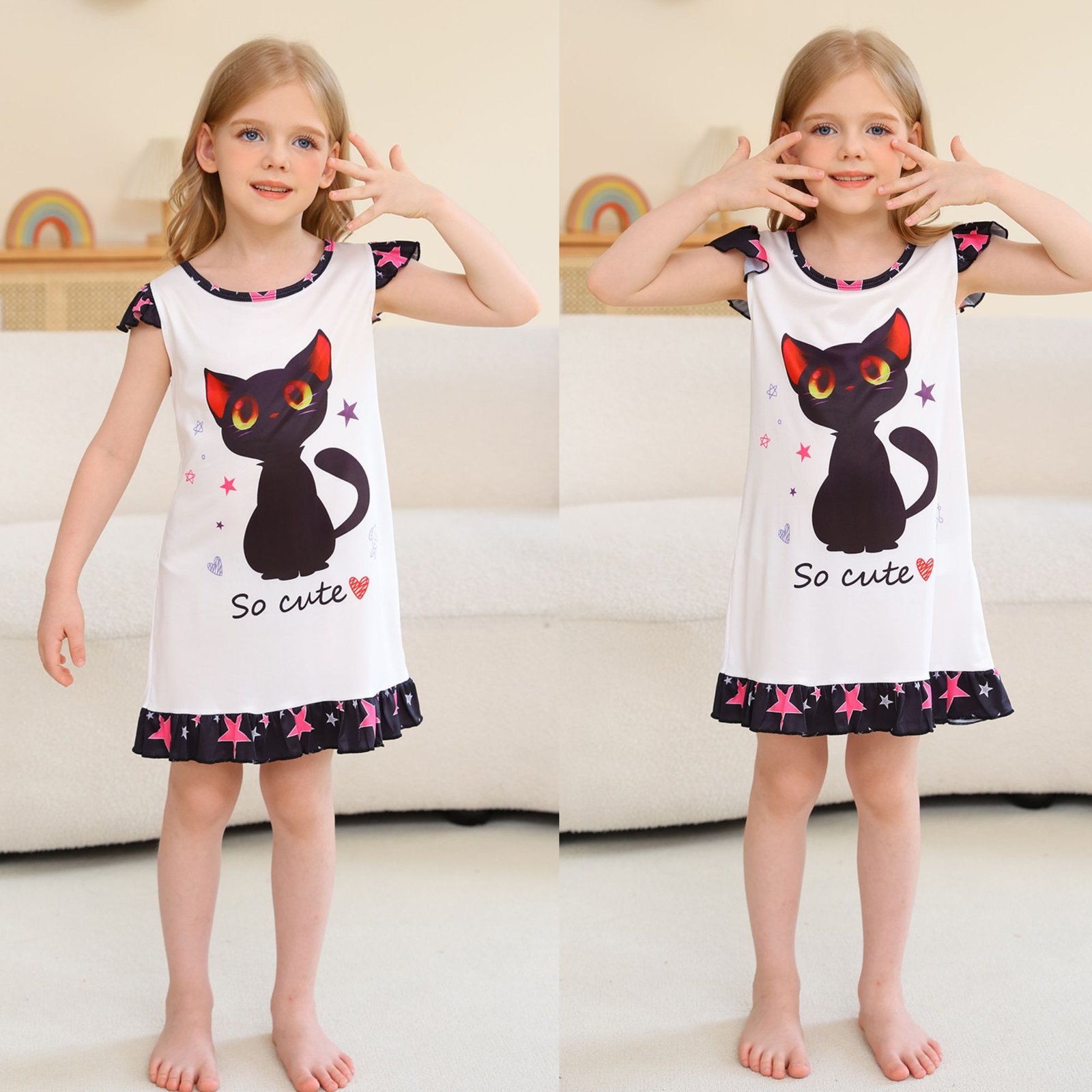 Jurebecia 2Pcs Girls Nightgowns cats Pajamas Toddler Nightgown Sleepwear Flutter Short Sleeves Night Gowns for Kids 3-4 Years 110 CM - 图片 7