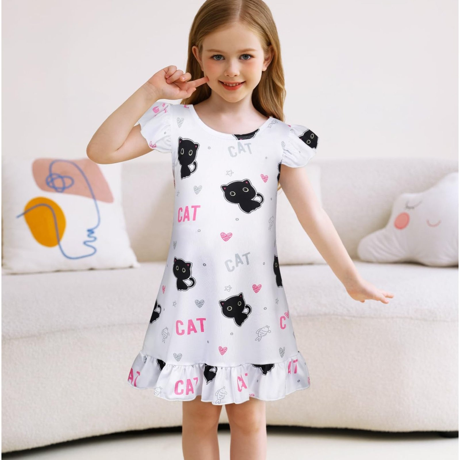 Jurebecia 2Pcs Girls Nightgowns cats Pajamas Toddler Nightgown Sleepwear Flutter Short Sleeves Night Gowns for Kids 3-4 Years 110 CM - 图片 9