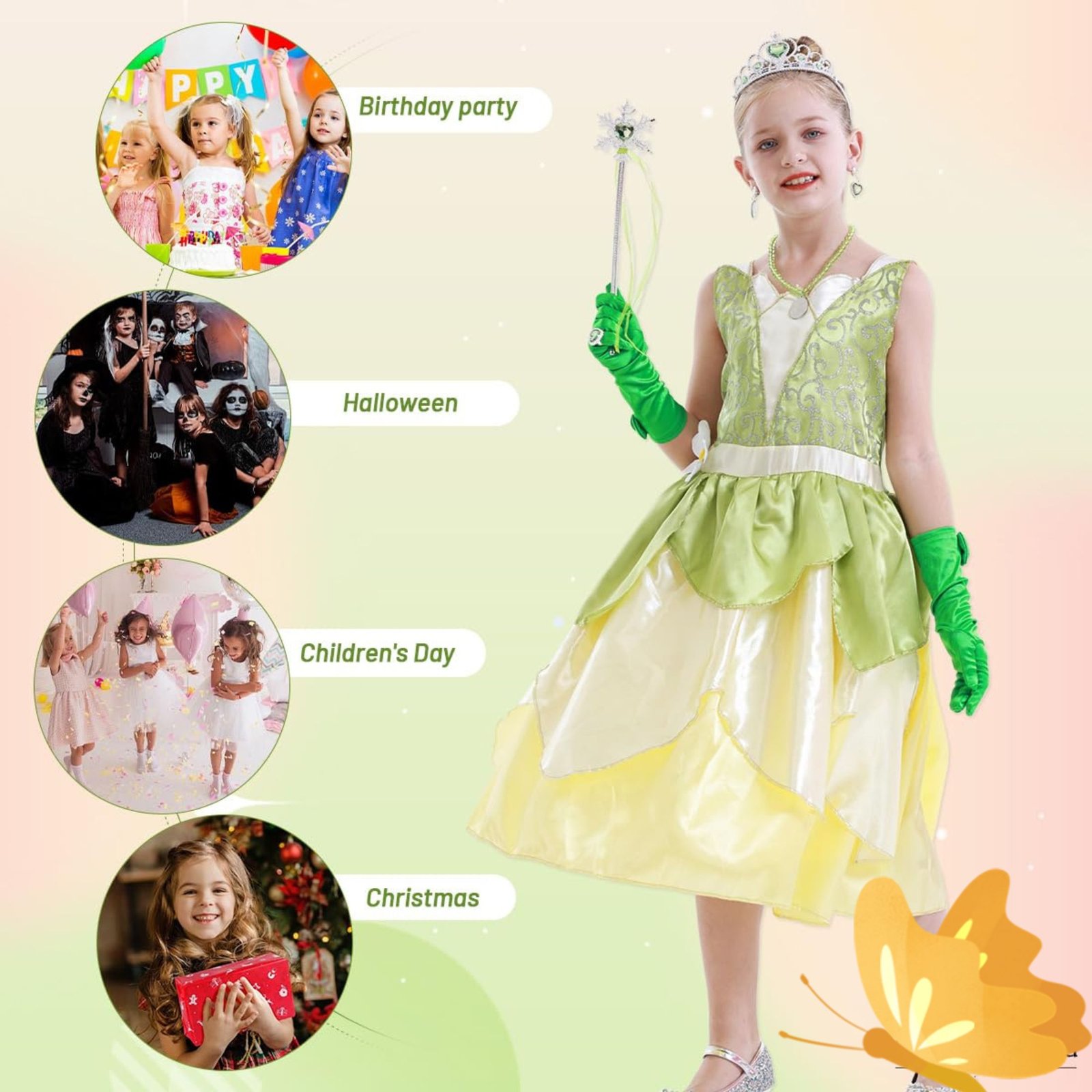 Jolikley Tiana Dress for Girls Fairy Frog Princess Costume for Kids Birthday Party Dresses up Halloween Outfits Green - 图片 4