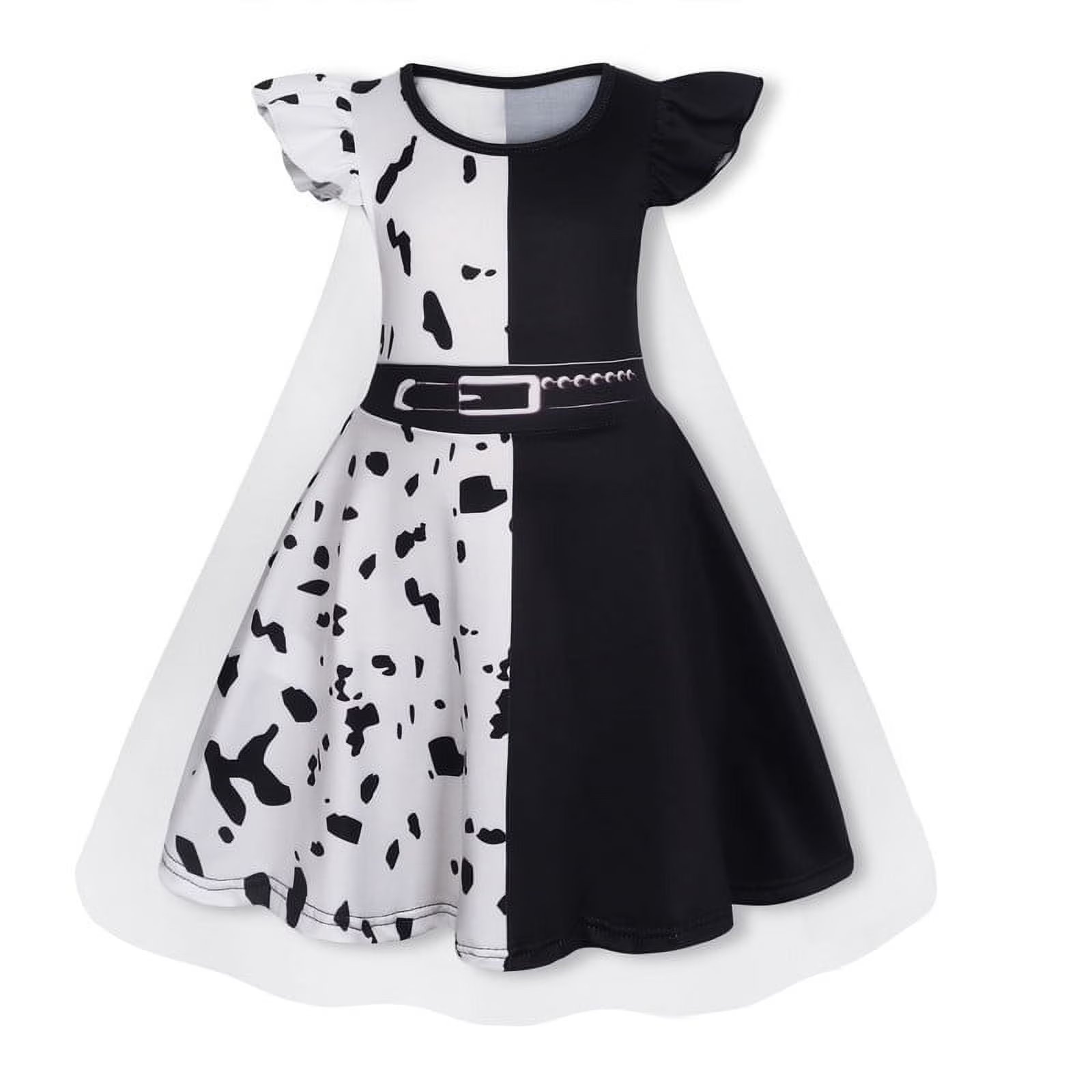 Benylion Girls' Black and White Dalmatian Print Dress Birthday Party Cosplay Costume Toddler Fancy Outfit for 5-6 Years