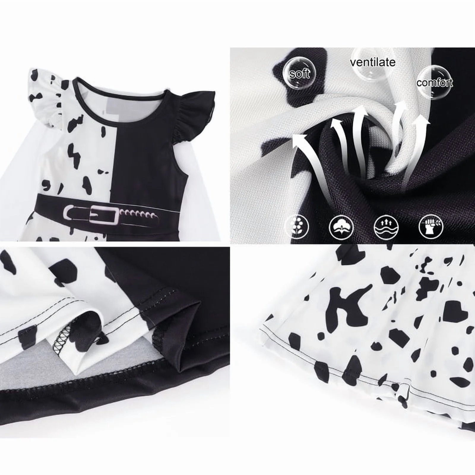 Benylion Girls' Black and White Dalmatian Print Dress Birthday Party Cosplay Costume Toddler Fancy Outfit for 5-6 Years - 图片 3