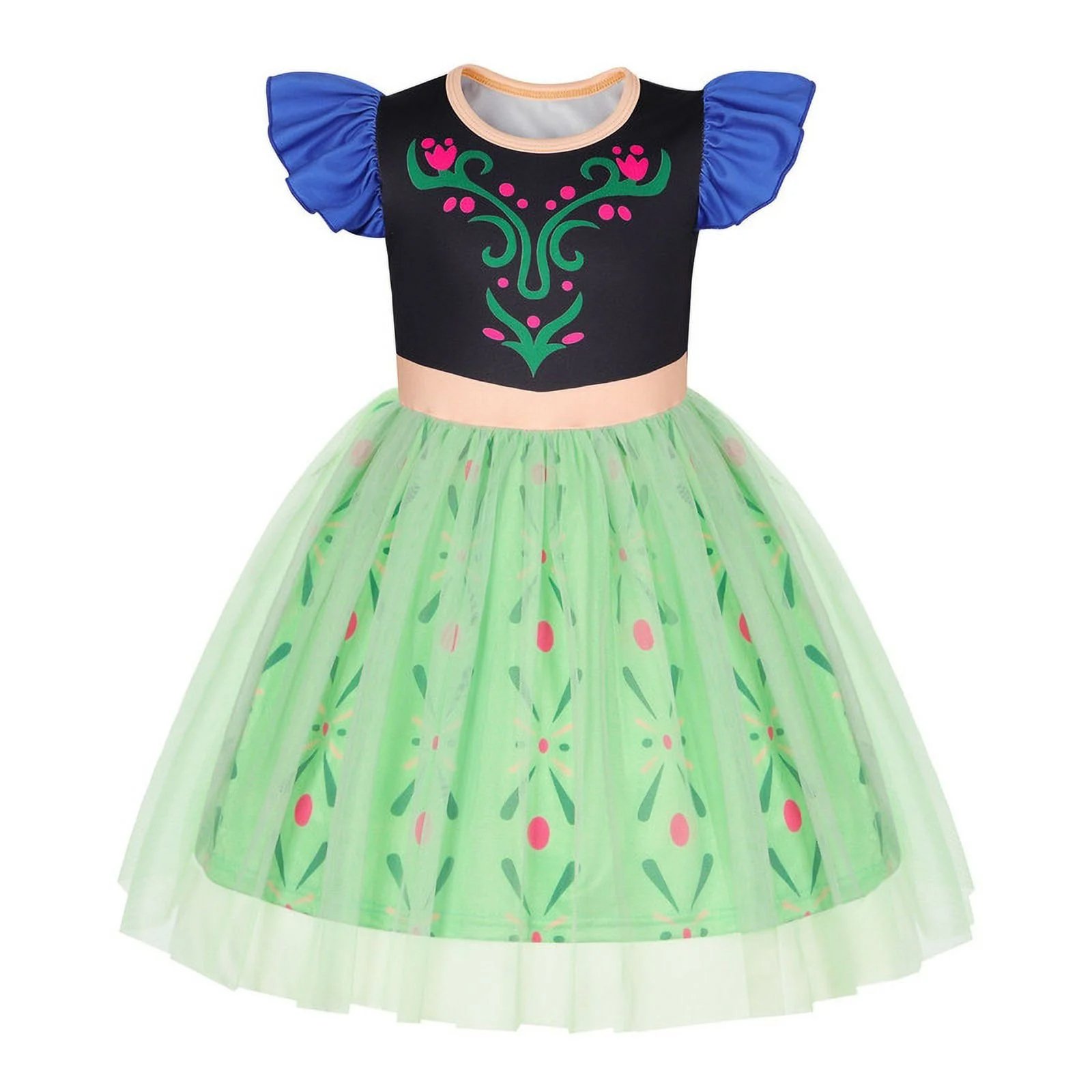 Benylion Girls Anna Princess Costume Dress Toddler Kids Short Flutter Sleeve Tulle Dress up Ruffle Sleeve Fancy Cosplay Theme Party Outfit for 5-6 Years