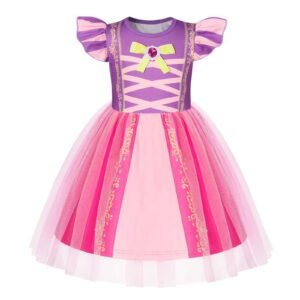 Benylion Girls Long Hair Princess Costume Dress Toddler Kids Short Flutter Sleeve Tulle Dress up Ruffle Sleeve Fancy Cosplay Theme Party Outfit for 5-6 Years