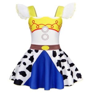 Benylion Girls Jessie Costume Dress - Cowgirl Princess Party Outfit with Lace Ruffle Sleeves for Toddler Kids 5-6 Years, Birthday Cosplay & Sleepwear Nightgown