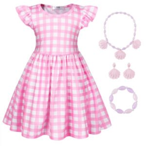 Benylion Girls Pink Plaid Party Dress 5-6T - Fashion Doll Style Gown for Role Play & Birthday Parties