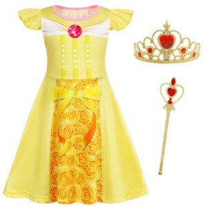 Benylion Girls Princess Dress 5-6T - Sparkly Yellow Gown with Crown & Scepter Royal Role Play Costume for Birthday Parties