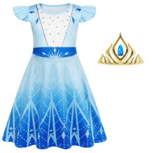 Main-01 Benylion Girl's Ice Princess Short Sleeve Dress Printed Casual Swing Twirl Skirt For Holiday Theme Party Outfits for 5-6 Years