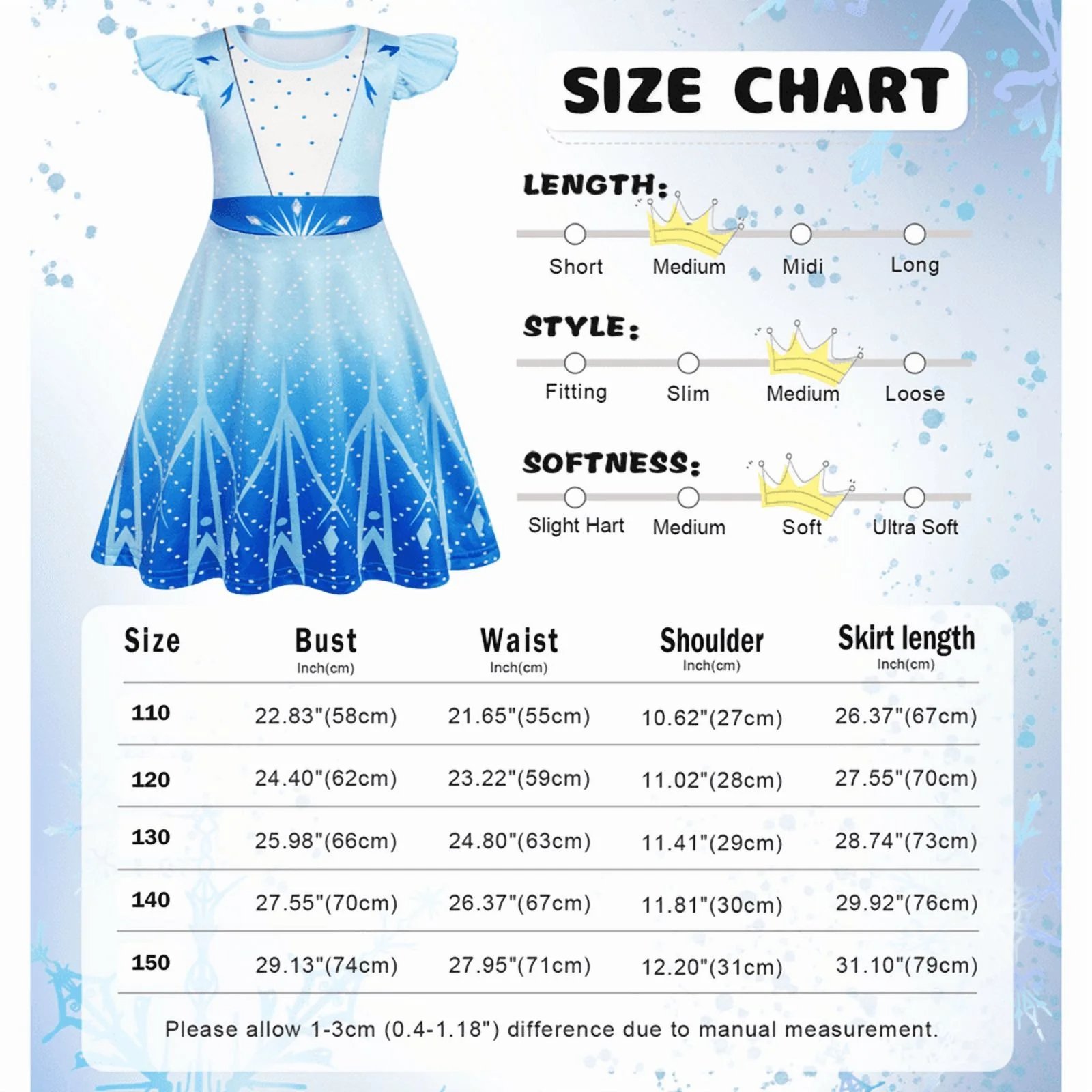 Benylion Girl's Ice Princess Short Sleeve Dress Printed Casual Swing Twirl Skirt For Holiday Theme Party Outfits for 5-6 Years - 图片 2