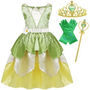 Jolikley Tiana Dress for Girls Fairy Frog Princess Costume for Kids Birthday Party Dresses up Halloween Outfits Green