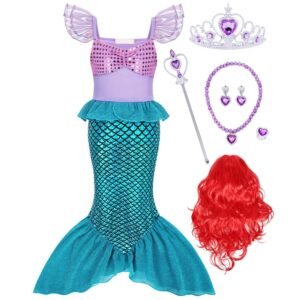 Benylion Little Girls Mermaid Princess Costume for 7-8 Years Girls Dress Up with Red wig Halloween Birthday Party Cosplay Outfit