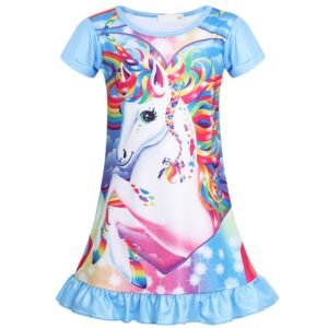 Jurebecia Girls Nightgowns Unicorn Sleepwear Night Sleep Dress Flutter Sleeve Pajamas Little Kids Toddler Soft Nightgown Blue 130 cm 5-6 Years