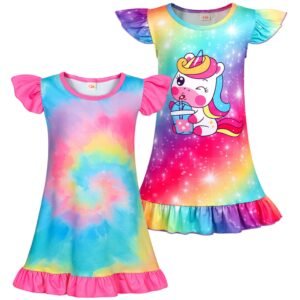 Jurebecia 2 Pcs Girls Nightgowns Rainbow Unicorn Short Sleeve Sleepwear Nightie Nightgown Soft Nightgown Night Dress for Kids Princess Pajama Dresses 5-6 Years 120 CM