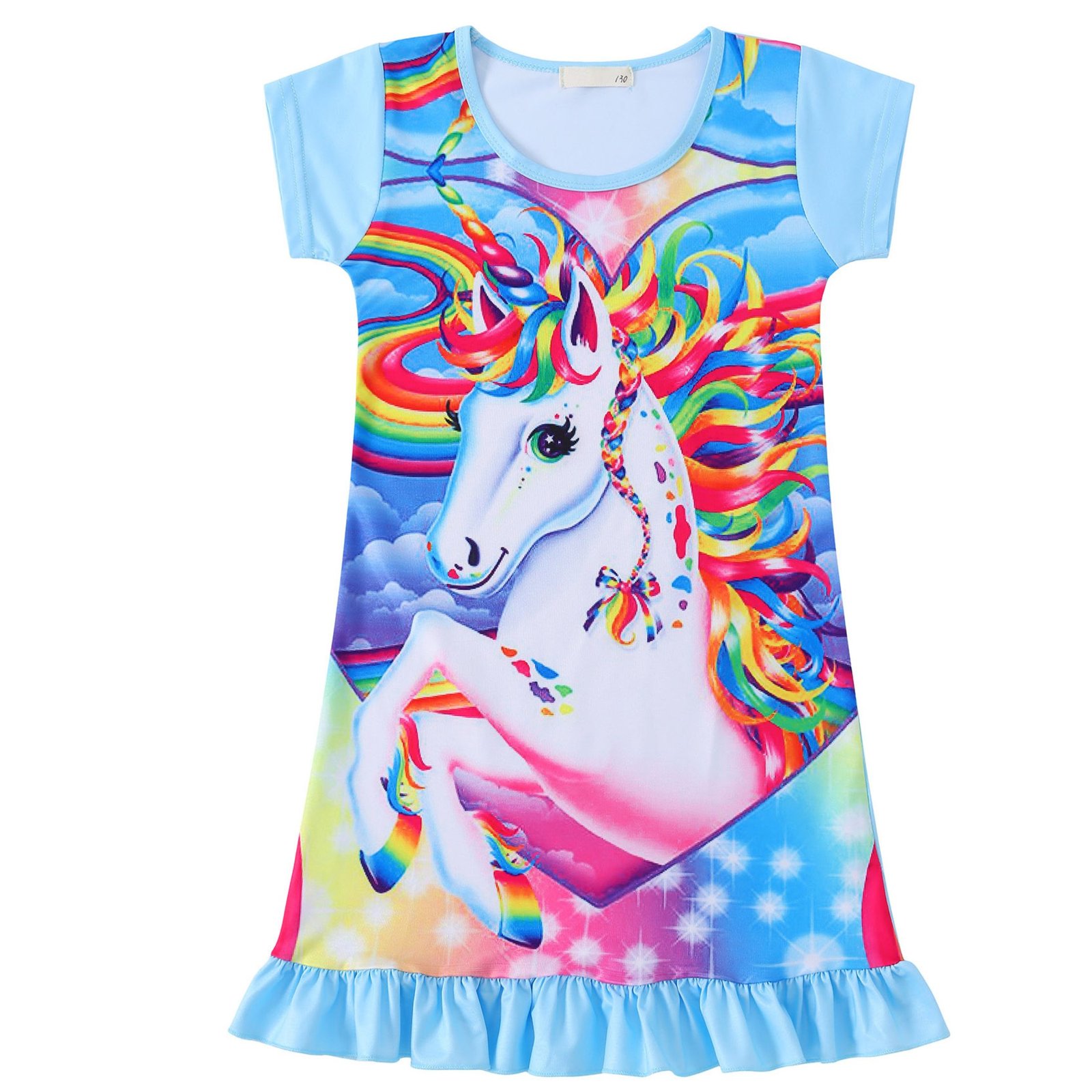 Jurebecia Girls Nightgowns Unicorn Sleepwear Night Sleep Dress Flutter Sleeve Pajamas Little Kids Toddler Soft Nightgown Blue 130 cm 5-6 Years - 图片 4