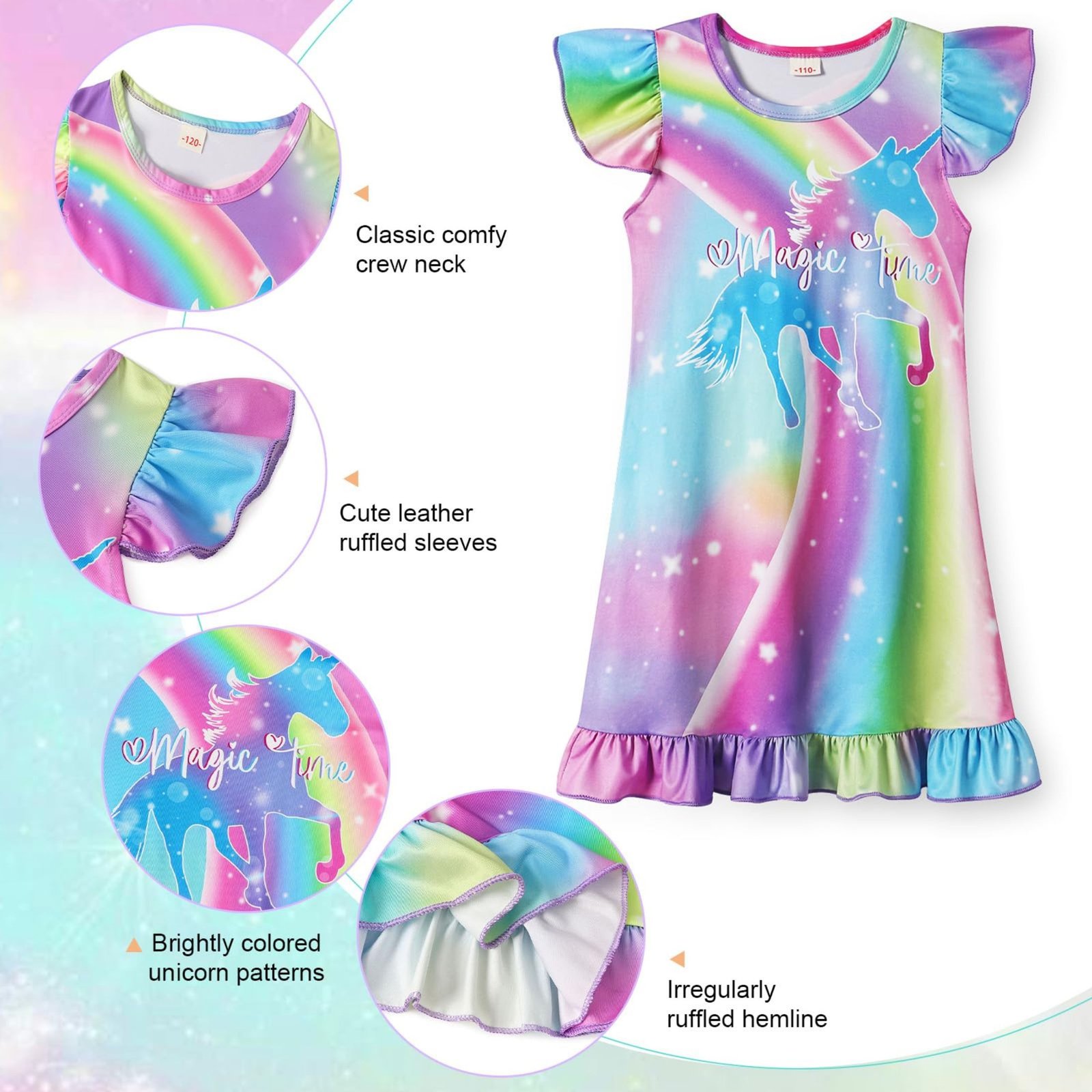 Jurebecia Girls Nightgowns Unicorn Nightgown Princess Pajama Dresses for Girls Sleepwear Night Kids Toddler Soft Nightgown 110 CM 3-4 Years - 图片 7