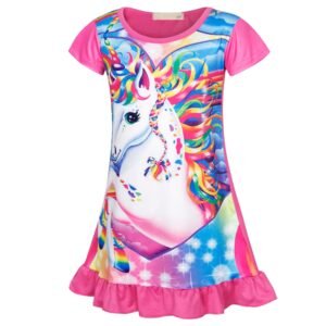 Jurebecia Girls Nightgowns Unicorn Sleepwear Night Sleep Dress Flutter Sleeve Pajamas Little Kids Toddler Soft Nightgown Rose Red