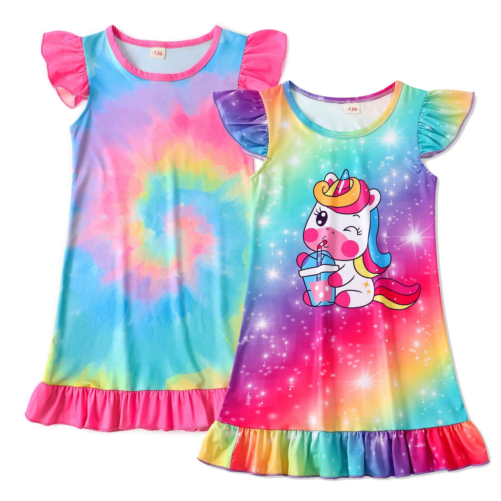 Jurebecia 2 Pcs Girls Nightgowns Rainbow Unicorn Short Sleeve Sleepwear Nightie Nightgown Soft Nightgown Night Dress for Kids Princess Pajama Dresses 5-6 Years 120 CM - 图片 7