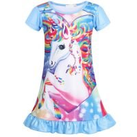 Jurebecia Girls Nightgowns Unicorn Sleepwear Night Sleep Dress Flutter Sleeve Pajamas Little Kids Toddler Soft Nightgown Blue 130 cm 5-6 Years - 图片 2