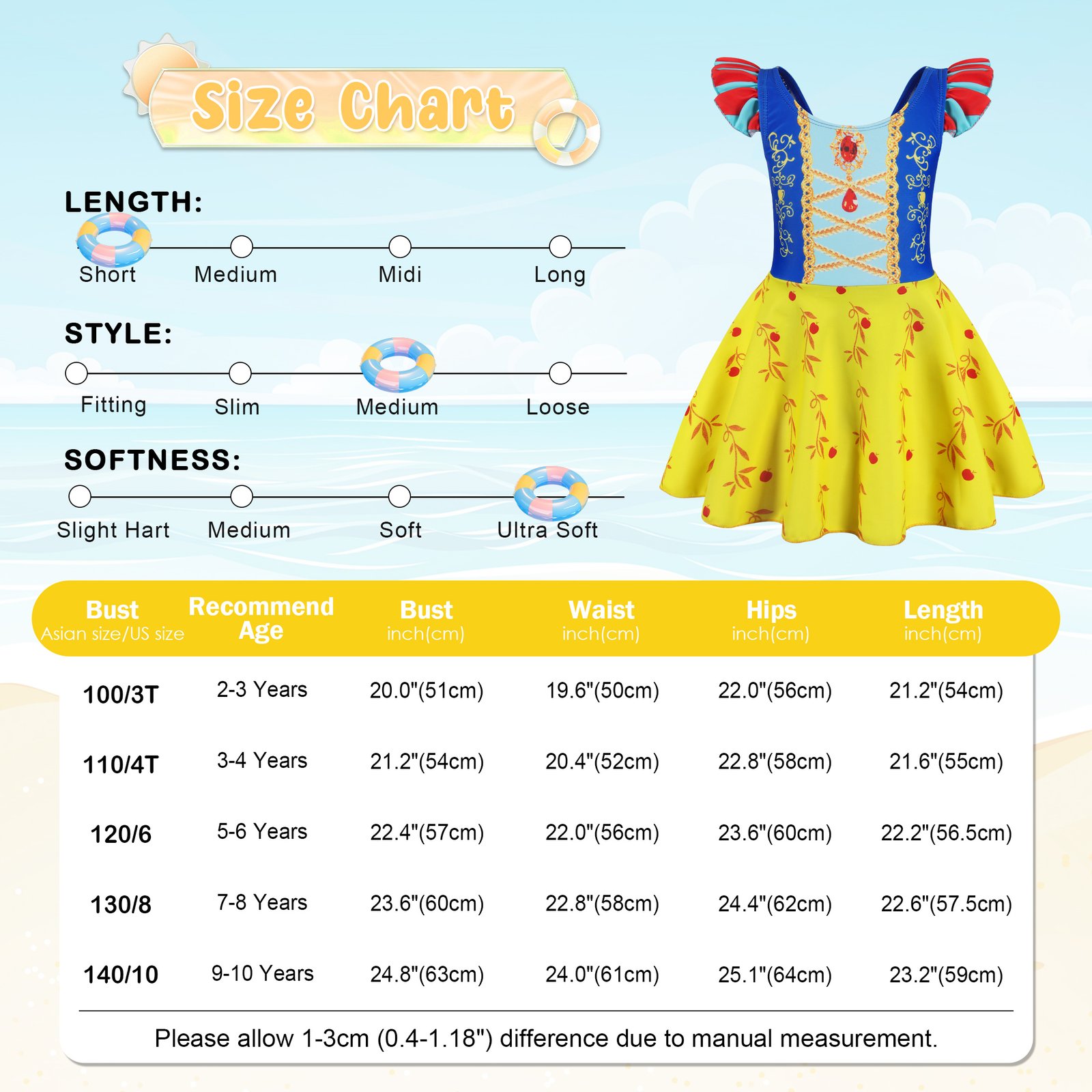 Marendyee Girls Princess Swimsuits for Girls One Piece Short Sleeve Swim Dress with Skirt UPF 50+ Floral Bright Bathing Suits for 3-10 Years - 图片 3