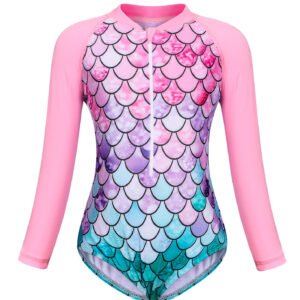Marendyee Girls Ariel Mermaid Long Sleeve Swimsuit One Piece Bathing Suit Zipper with UPF 50+ Rashguard Swimwear Printed One Piece Beach 5-6 Years 120 CM