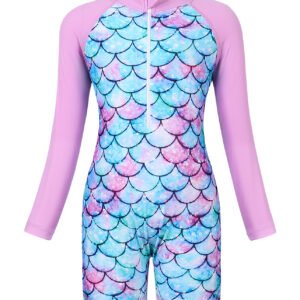 Marendyee Girls Mermaid Swimsuit Kids Ariel One Piece Swimsuit Long Sleeve UV Sun Protection Mermaid Scales Printed Zipper Front Swimming Wetsuit Athletic Romper 5-6 Years