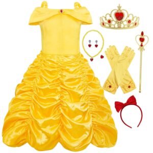 Marendyee Belle Princess Dress Off Shoulder Layered Costume for Little Girl Halloween Cosplay Birthday Outfit Yellow 3-4 Years