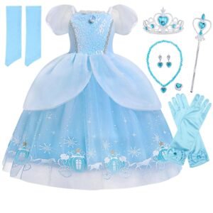 Marendyee Cinderella Dress Princess Costumes for Girls Blue Gown for Kids Puffy Sleeve Party Halloween Outfits Toddler 6T 5-6Yreas