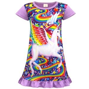 Jurebecia Girls Nightgowns Unicorn Sleepwear Night Sleep Dress Pajamas Little Kids Toddler Soft Nightgown Purple 140 cm 7-8 Years
