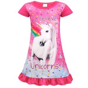 Jurebecia Girls Nightgowns Unicorn Sleepwear Night Sleep Dress Flutter Sleeve Pajamas Little Kids Toddler Soft Nightgown Pink 140 cm 7-8 Years