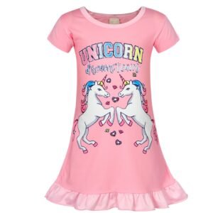 Jurebecia Nightgowns Unicorn Short Sleeve Sleepwear Nightie Sleepwear Night Sleep Dress Soft Nightgown Princess Pajama Dresses Pink 140 cm 7-8 Years