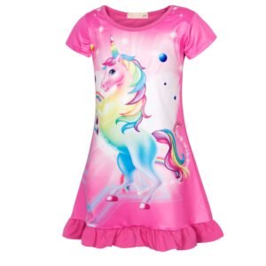 Jurebecia Girls Nightgowns, Unicorn Short Sleeve Sleepwear Nightie Sleepwear Night Sleep Dress Princess Pajama Dresses Soft Nightgown 140 cm 7-8 Years