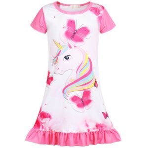 Jurebecia Nightgowns Unicorn Short Sleeve Sleepwear Nightie Sleepwear Night Sleep Dress Princess Pajama Dresses Soft Nightgown 140 cm 7-8 Years
