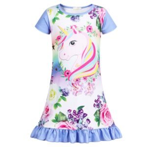 Jurebecia Nightgowns Unicorn Short Sleeve Sleepwear Nightie Sleepwear Night Sleep Dress Princess Pajama Dresses Soft Nightgown Purple 140 cm 7-8 Years