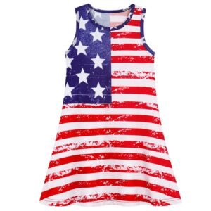 Jurebecia Casual Dress Independence Day Dress for Girls American Flag Striped Patriotic Dresses Short Sleeve Patriotic Clothes Independence Day Outfits