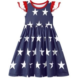 Jurebecia Girls Casual Dresses 4th of July Dress American Flag Striped Patriotic Dresses Sleeveless Tank Sun Dress Clothes 140 CM 9-10 Years