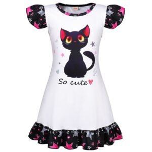 Jurebecia Girls Nightgowns cats Soft Nightgown Flutter Short Sleeves Nightdress Nightie Dress Sleepwear Pajamas 110 cm 3-4 Years