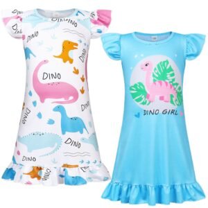 Jurebecia 2Pcs Summer Girl Dinosaurs Nightgown Cartoon Pajamas Dress for Kids Teenager Night Dress 3-4 Years Baby Nightdress Cute Children Clothing 110 CM
