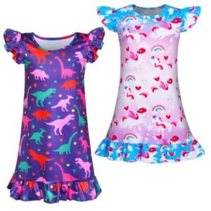Jurebecia Girls Nightgowns Unicorn Sleepwear Night Dinosaurs Nightgown Sleep Dress Pajamas Little Kids Toddler Soft Nightgown 110 CM 3-4 Years