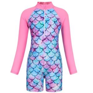 Marendyee Girls Mermaid Swimming One Piece Ariel Swimsuits for Toddler Long Sleeve Mermaid Scales Swimwear UPF 50 Sun Protection with Zipper 120 cm 5-6 Years