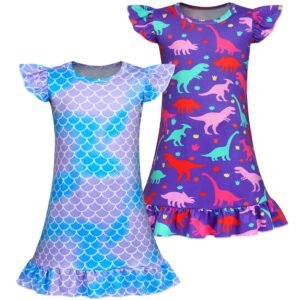 Jurebecia 2 Pcs Girls Nightgowns Mermaid+Dinosaur Short Sleeve Sleepwear Nightie Nightgown Soft Nightgown Night Dress for Kids Princess Pajama Dresses 3-4 Years 110 CM