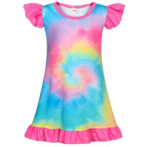 Jurebecia Girls Nightgowns Rainbow Sleepwear Night Sleep Dress Flutter Sleeve Pajamas Little Kids Toddler Soft Nightgown 110 CM 3-4 Years